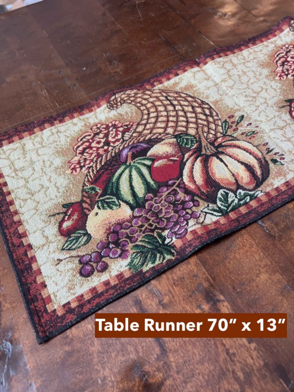 Vintage Harvest Cornucopia Tapestry Table Runner 70" Fall Thanksgiving Pumpkins